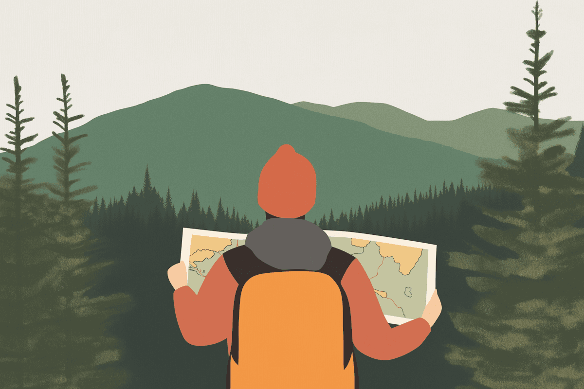 Illustration — traveller with map and landscape