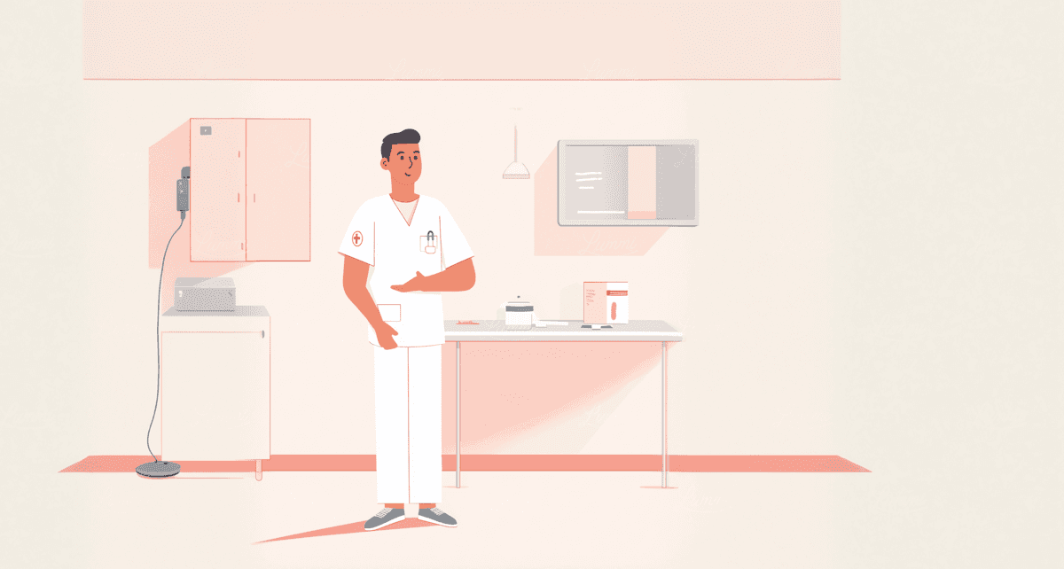 Clinician illustration — quick injection visit